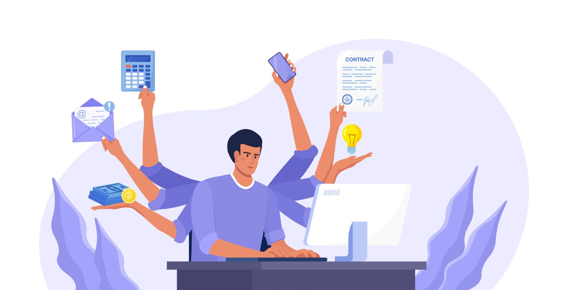 Businessman with many arms sitting at computer in office and doi